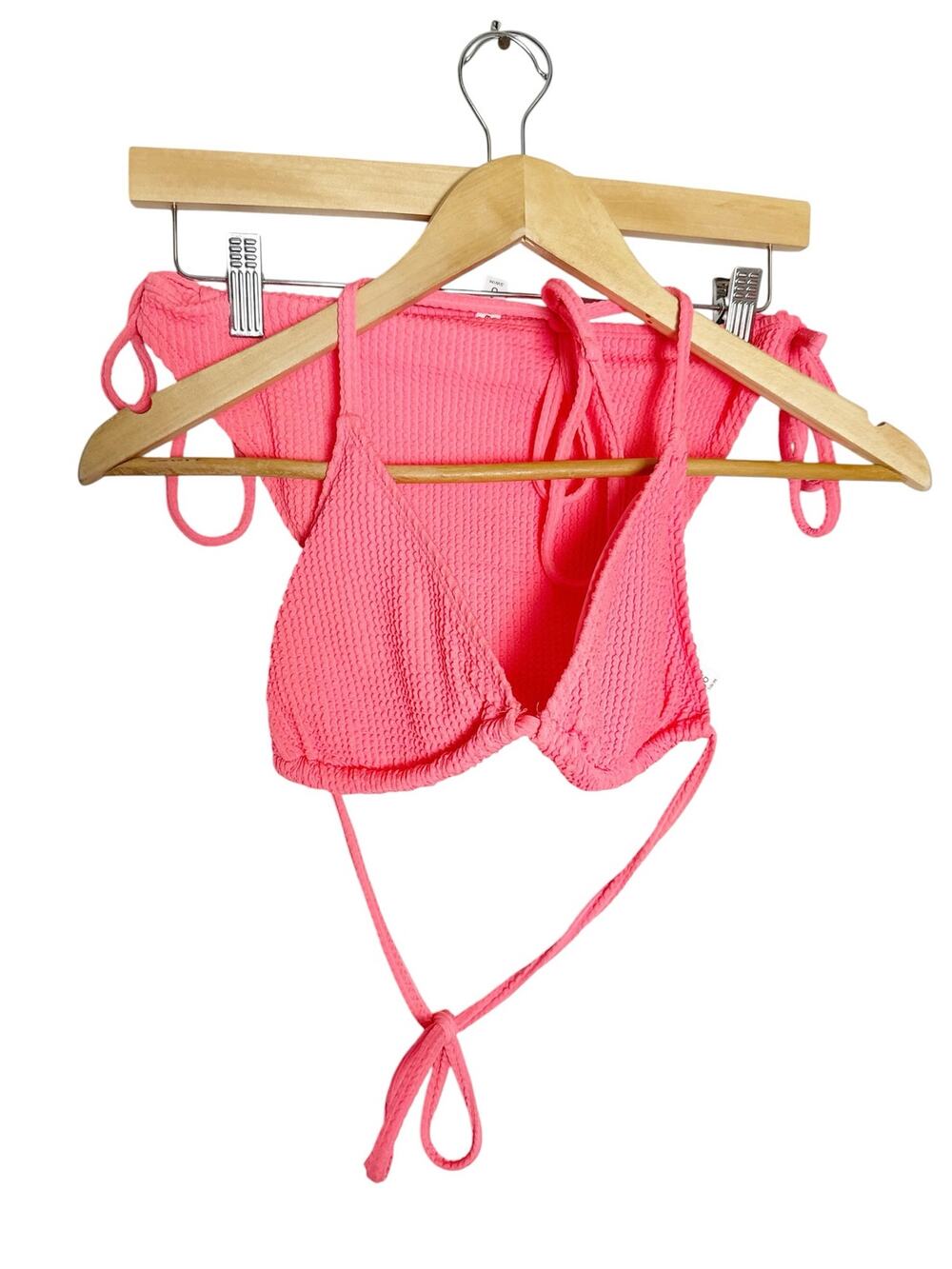 Lucky Brand Coral 2 Piece Crinkle Rib Halter Triangle Side Tie Bikini Swim Set L